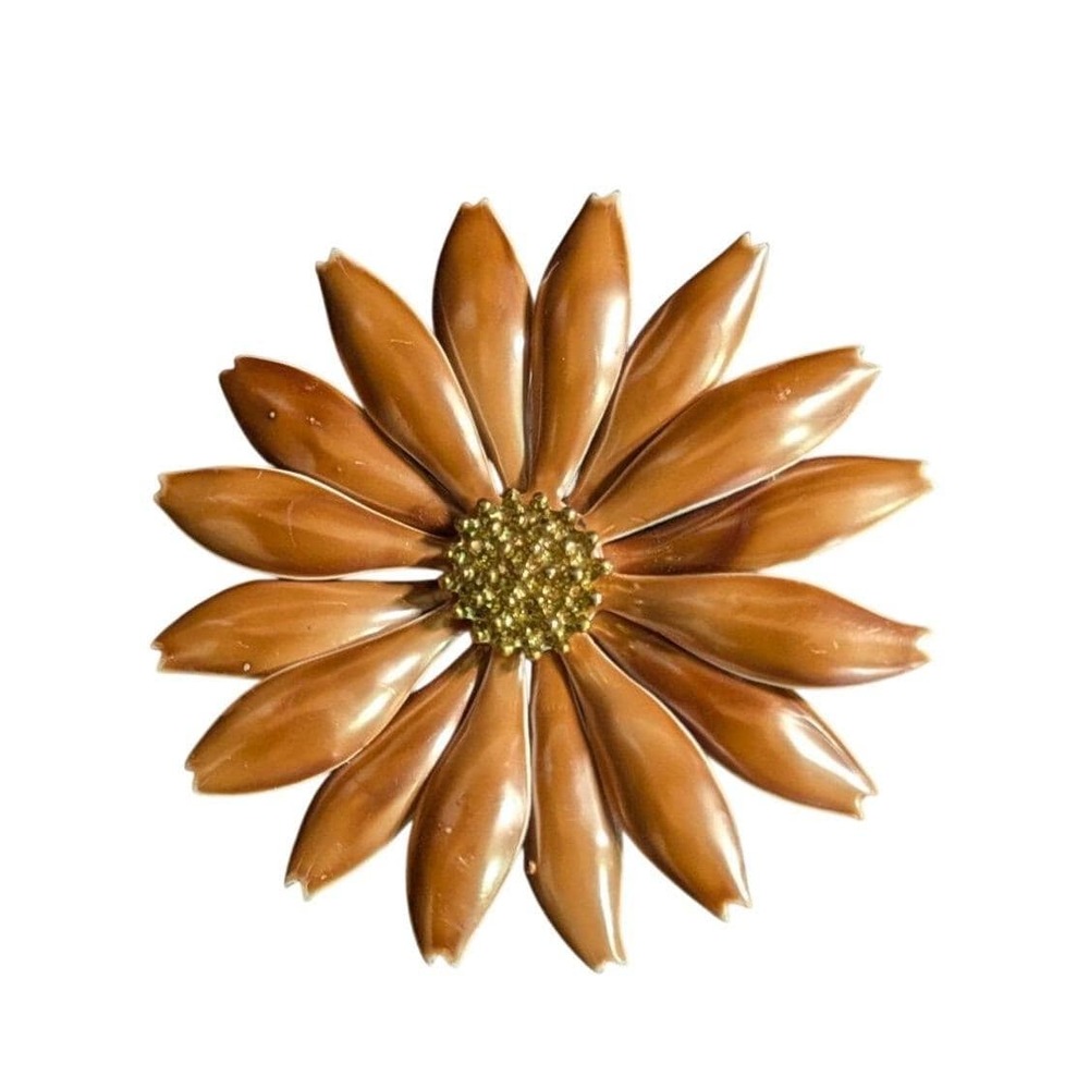 Vintage Mid Century Enamel Daisy Flower Brooch Brown Gold Tone Large 2.75 Inch